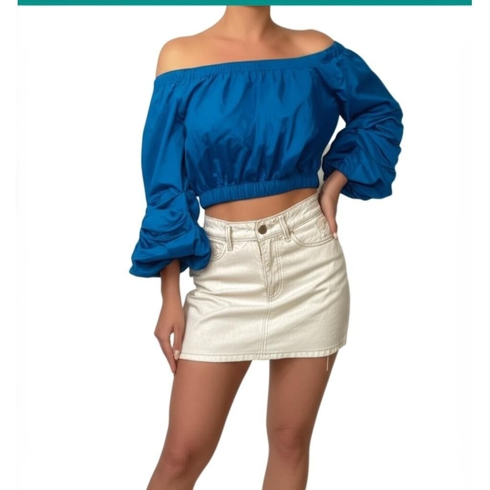 Blashe Women Blue Off Shoulder Cropped Ruched Puff Sleeve Bohemian Chic Blouse